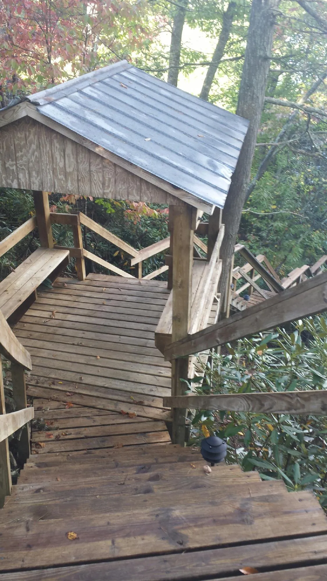 Metal roofed shelter over wooden steps on a wooded walkway — Skylight Repair & Installation work by our crew in Thorp